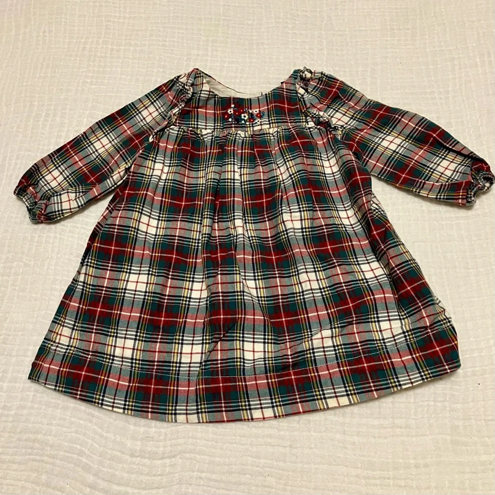 VTG Baby Gap 100% cotton plaid long sleeve dress floral embroidery Sz 3-6m